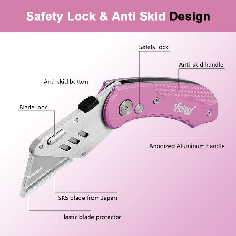 Vickay Box Cutter Utility Knife Heavy Duty with 5 SK5 Quick Change Blades, Safety Axis Lock Design Razor Knife, Lightweight Aluminum Body Belt Clip for Office (Pink) - Image 2
